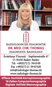 Banner der Praxis Dr. med. Christine Thomas, Fachärztin für Radiologie in Baden-Baden, mit Kontaktdaten und Informationen zu radiologischen Untersuchungen.